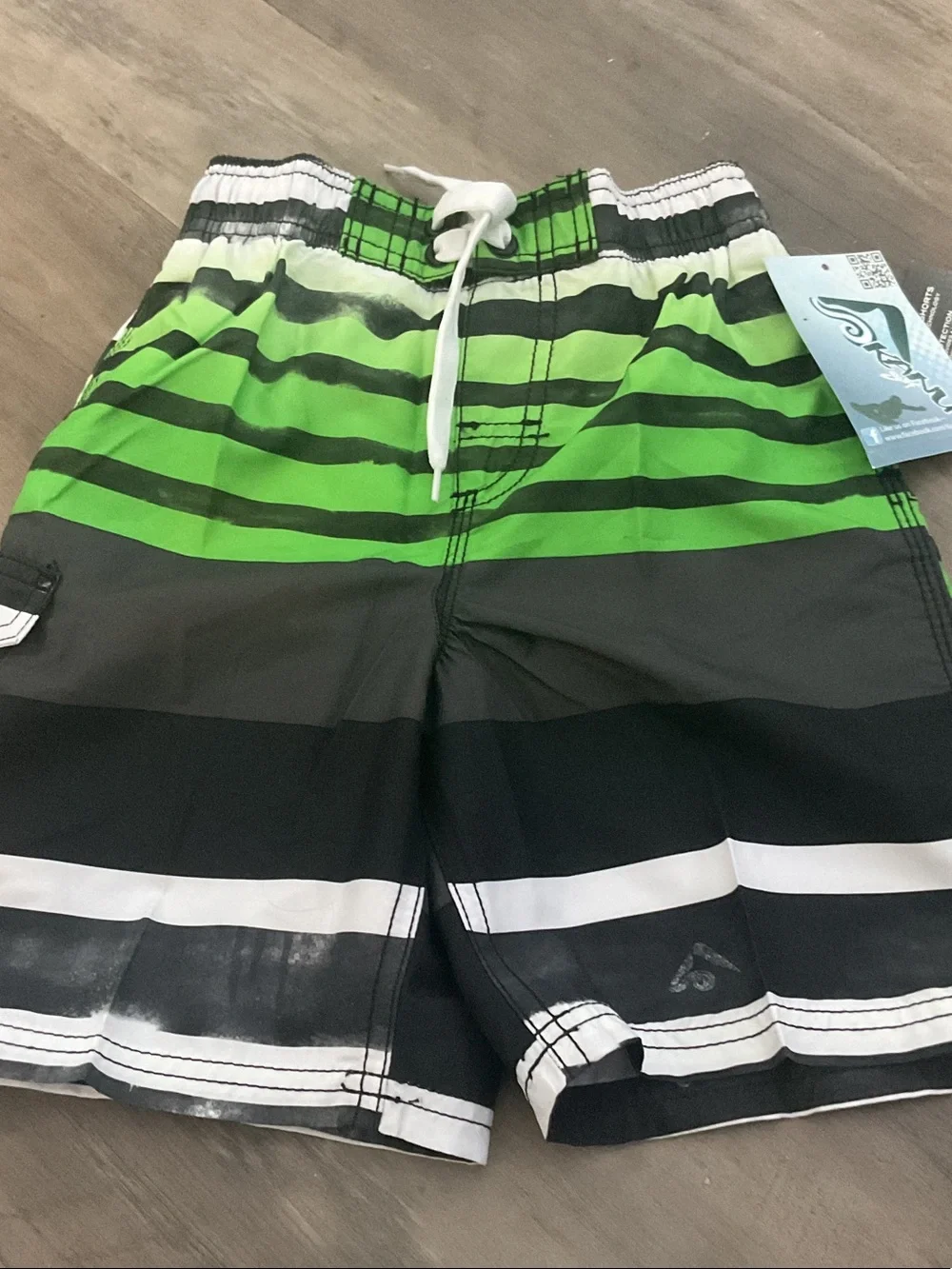 Kanu Surf Green Black White Striped Boys Swim Trunks